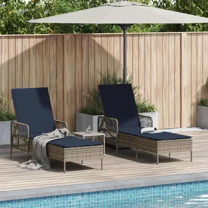 vidaXL Sun Lounger Set of 3 Grey and navy blue PE rattan, metal Foldable