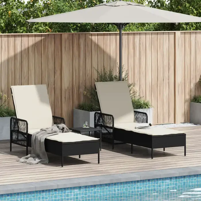 vidaXL Sun Lounger Set Set of 3 Black and cream white PE rattan, metal