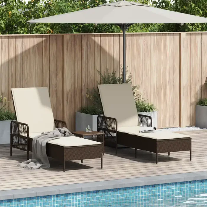 vidaXL Sun Lounger Set Set of 3 Brown and cream white PE rattan, metal