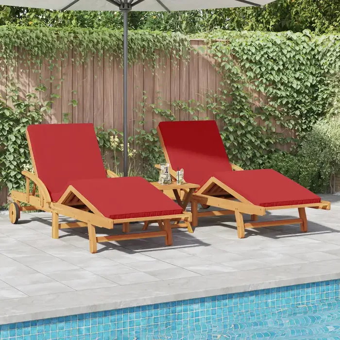 vidaXL Sun Loungers 2 pcs with Cushions and Wheels Red Solid Wood Acacia