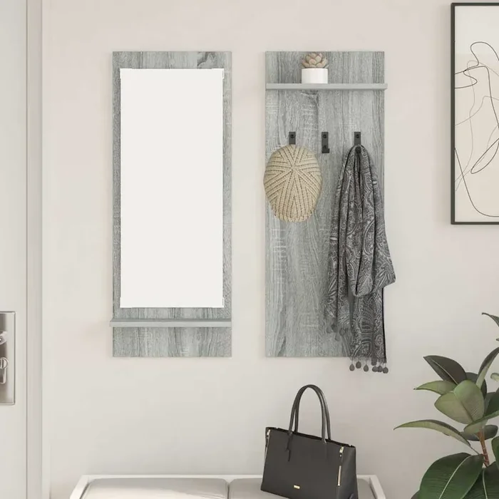 vidaXL Wall-Mounted Coat Rack with Shelf Wall-mounted with Storage with Mirror Grey sonoma Engineered wood
