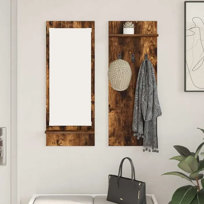 vidaXL Wall-Mounted Coat Rack with Shelf Wall-mounted with Storage with Mirror Smoked oak Engineered wood