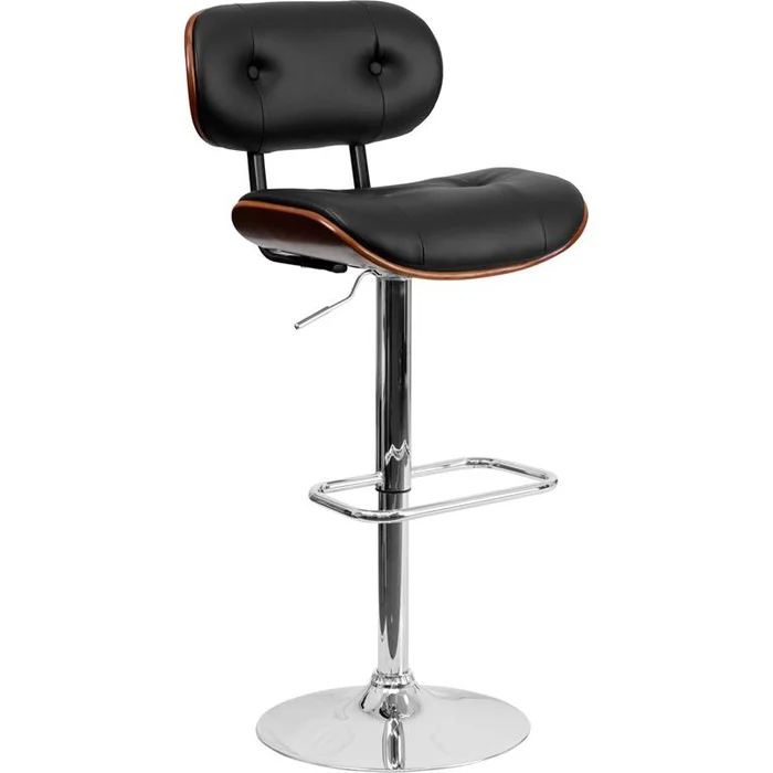 Walnut Bentwood Adjustable Height Barstool With Button Tufted Black Vinyl Seat By Flash Furniture – Walnut