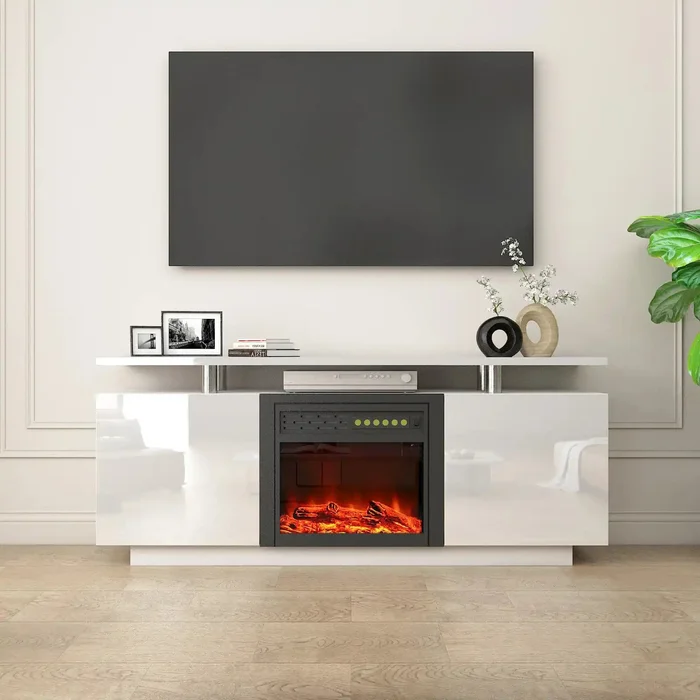 White Modern Large TV Stand With Fireplace & Heating & LED Light