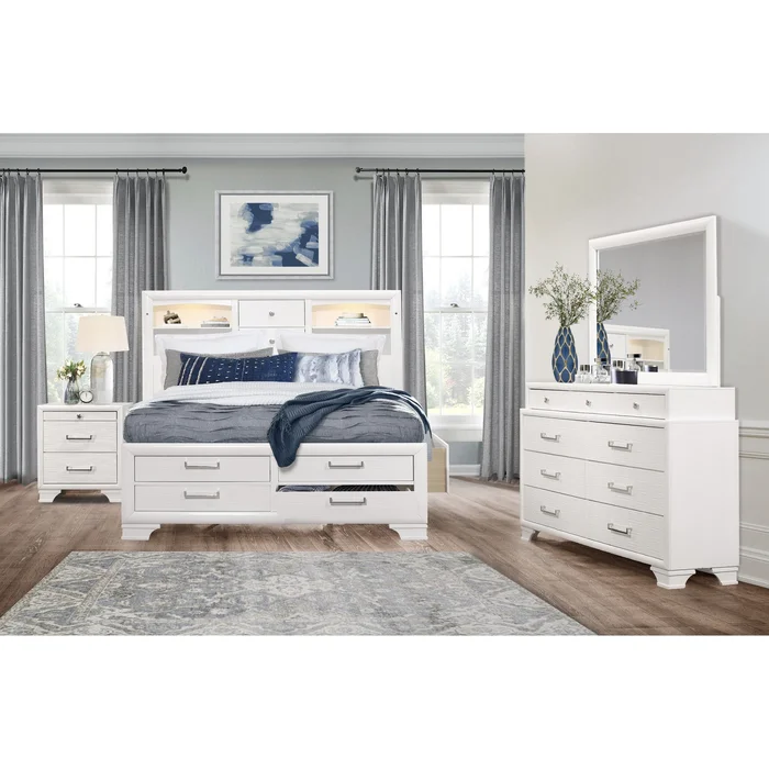 White Rubberwood Full Bed With Bookshelves Headboard Led Lightning 6 D