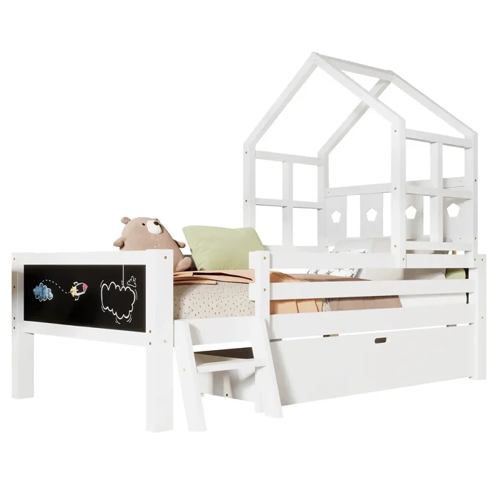 White Solid Wood Twin Size House Bed with Ladder, Storage Drawers, and Blackboard Design