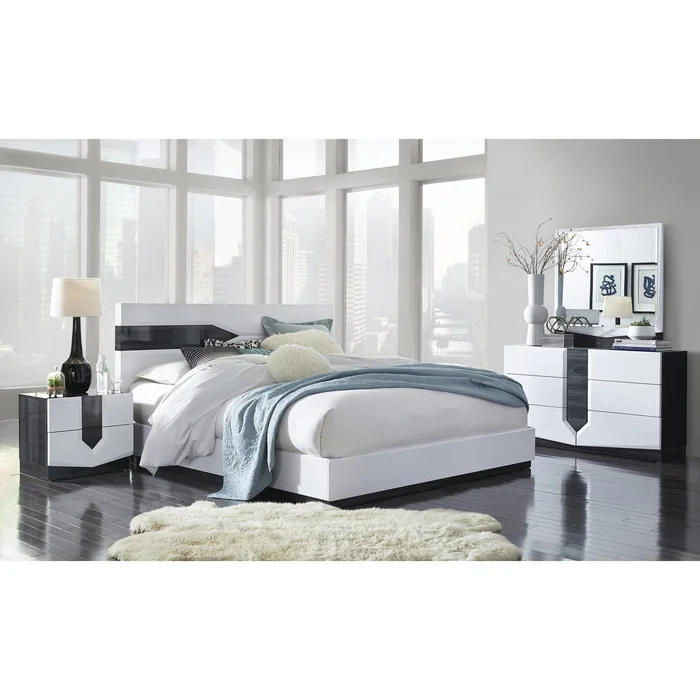 White Tone Queen Bed With Dark Grey Zebrano Details On Headboard And B