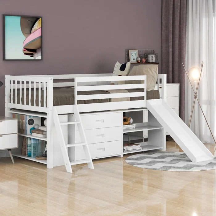 White Twin Loft Bed With Cabinet And Shelves By Homeroots