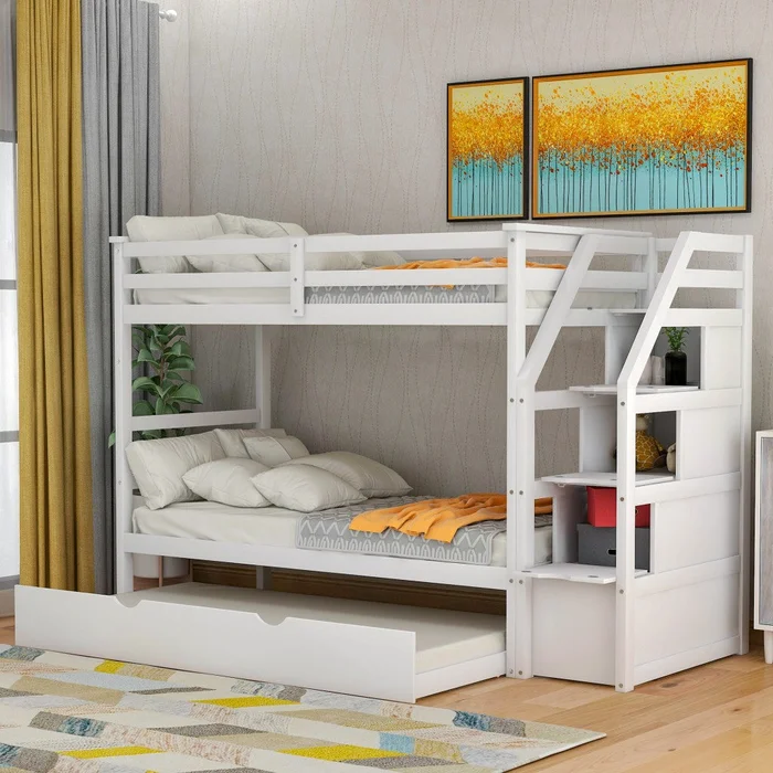 White Twin Over Twin Bunk Bed With Trundle By Homeroots