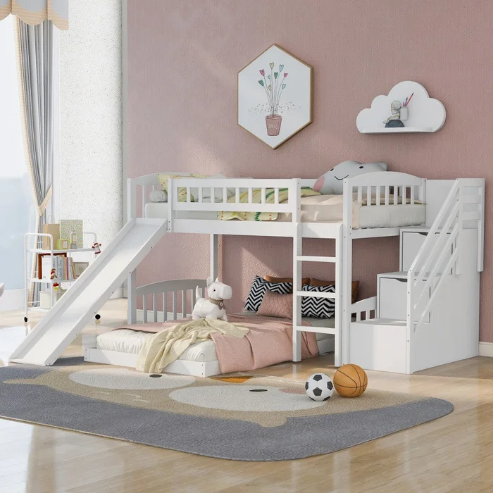 White Twin Over Twin Perpendicular Bunk Bed With Storage Stairs And Sl