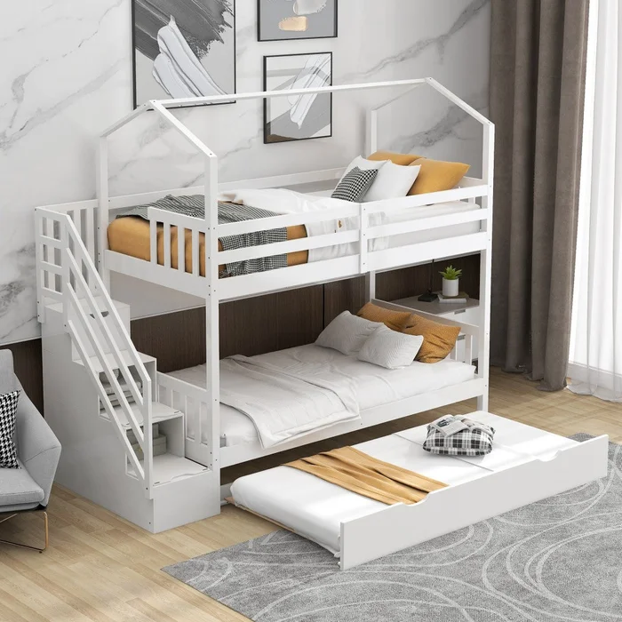 White Twin Over Twin Playhouse Bunk Bed With Trundle And Staircase By