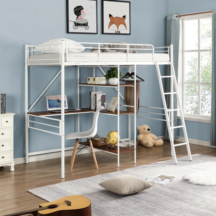 White Twin Size Metal Loft Bed With Desk And Shelves By Homeroots
