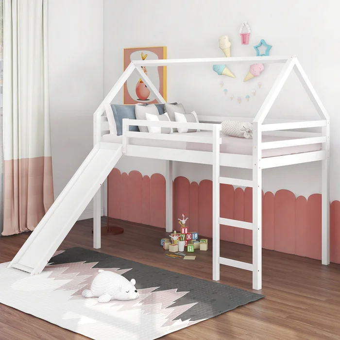 White Twin Size Slide House Loft Bed By Homeroots