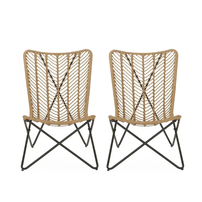 Wicker Chair With Geometric Cross Base, (Set of 2) – Light Brown