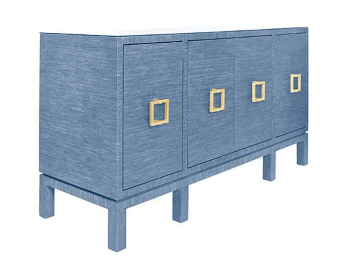 Worlds Away Four Door Buffet With Large Brass Square Hardware In Blue Dyed Grasscloth