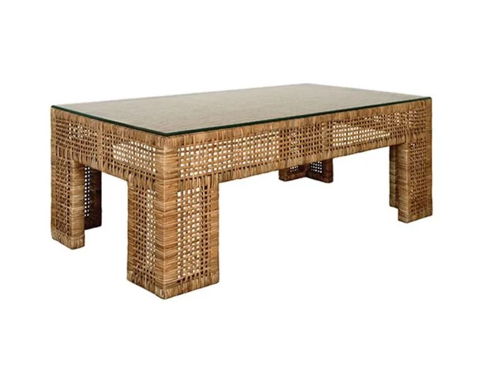 Worlds Away Wide Leg Rectangular Rattan Coffee Table With Glass Top