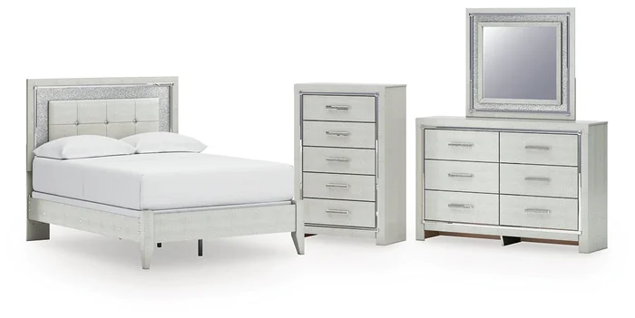 Zyniden Full Upholstered Panel Bed with Mirrored Dresser and Chest