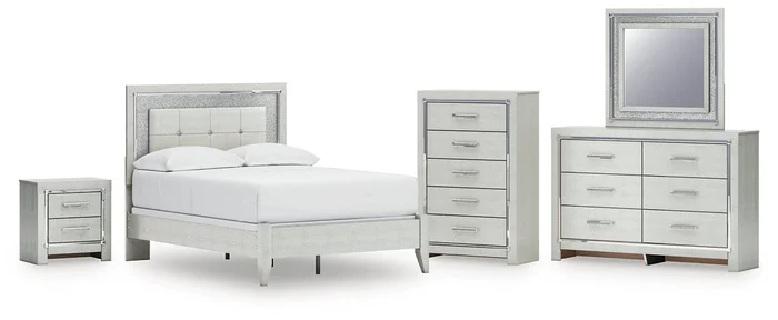 Zyniden Full Upholstered Panel Bed with Mirrored Dresser, Chest and Nightstand