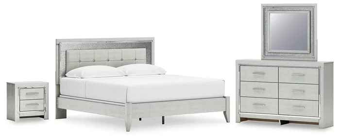 Zyniden King Upholstered Panel Bed with Mirrored Dresser and Nightstand
