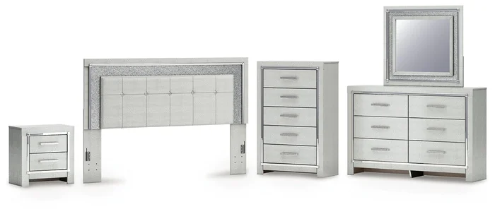 Zyniden King Upholstered Panel Headboard with Mirrored Dresser, Chest and Nightstand